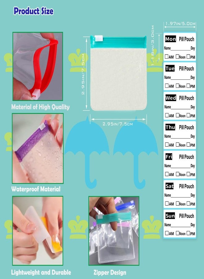NCGDPZY Reusable Travel Pill Organizer with 98 Labels - Leakproof Silicone Seal & Transparent Zippered Bags, Compact 3x3 Inch Medication Travel Case for Daily Pills, EVA Material, 7 Colors (21 PCS) - Image 3